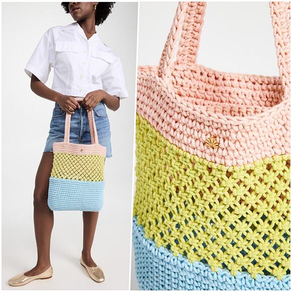 RARE Lele Sadoughi Pastel Colors Crochet Summer Vacation Tote Gold Logo - Picture 1 of 11